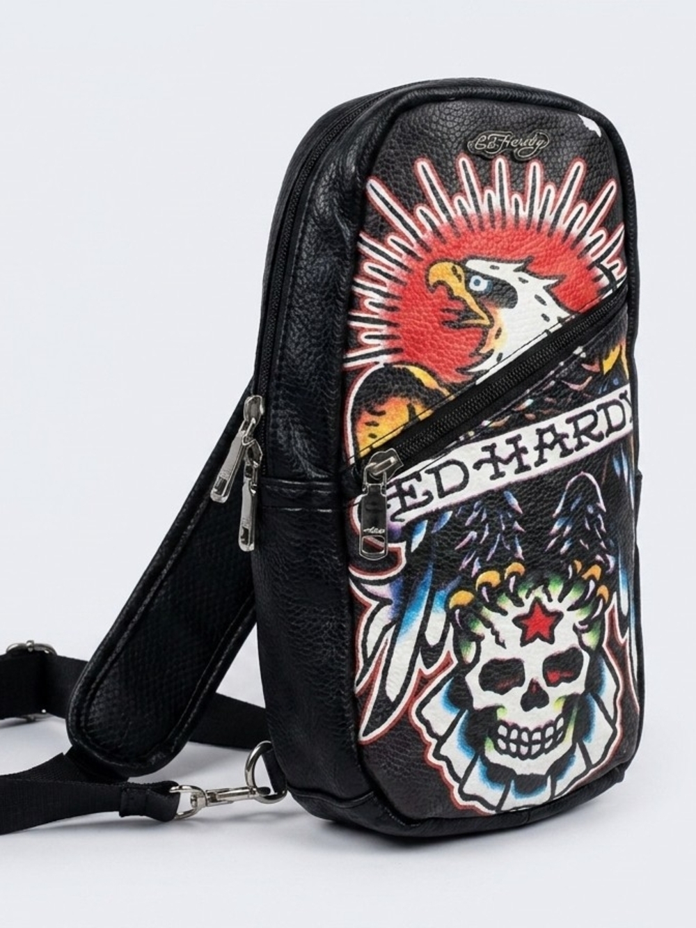 Ed Hardy Black Graphic Leather Vintage‎ Sling Bag